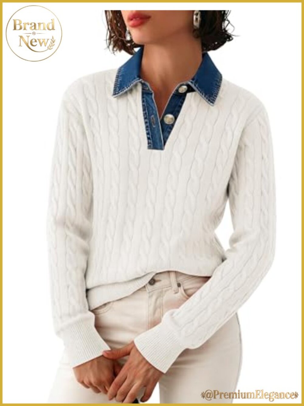 Women's Cable Knit V-Neck Button Sweater Loose Pullover